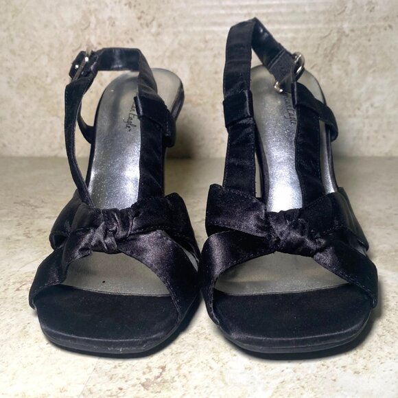 Black Satin Open-Toe Heels With Bow Detail & Adjustable Strap - 3-Inch Heel - Picture 3 of 9